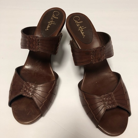 Cole Haan Shoes - Cole Haan Brown Leather Slide Wedge Sandals Sz 10B